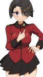  1girl black_hair black_skirt blaze_(blazeillust) blue_eyes closed_mouth commentary cowboy_shot earrings frown girls_und_panzer hair_over_one_eye hand_on_own_hip highres jacket jewelry long_sleeves looking_at_viewer military_uniform miniskirt pleated_skirt red_jacket short_hair simple_background skirt solo st._gloriana&#039;s_military_uniform standing uniform vanilla_(girls_und_panzer) white_background 