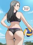  1girl alternate_costume ass back ball bikini black_bikini blue_sky breasts brown_eyes cloud day english_commentary english_text from_behind grey_hair highres holding holding_ball lepypepy lips long_hair looking_at_viewer looking_back midriff niijima_sae outdoors parted_lips persona persona_5 sky solo speech_bubble sports_bra swimsuit thigh_gap thighs volleyball_net 
