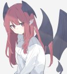  1girl black_wings closed_mouth collared_shirt demon_tail demon_wings garasuno head_wings highres koakuma long_hair long_sleeves pointy_ears red_eyes red_hair shirt simple_background solo tail touhou upper_body white_background white_shirt wings 