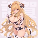 1girl animal_print bell blonde_hair blue_eyes breasts brown_horns cleavage clenched_teeth clothes_pull clothing_cutout collar commentary_request cow_print cow_tail cowbell cowboy_shot draph elbow_gloves embarrassed fake_tail gloves granblue_fantasy halterneck happy_new_year highres horns large_breasts long_hair looking_down navel one-piece_swimsuit one-piece_swimsuit_pull pointy_ears razia solo stomach_cutout swimsuit tail teeth text_background thighhighs thighs translation_request u_jie 