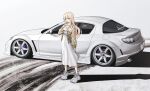  1girl absurdres blonde_hair bokuya car closed_mouth dress full_body highres jacket long_hair looking_at_viewer mazda_rx-8 motor_vehicle original purple_eyes shadow shoes skid_mark sneakers solo standing white_car white_dress white_footwear yellow_jacket 