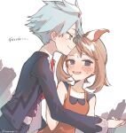  1boy 1girl blush brown_hair closed_mouth commentary_request embarrassed highres holding_hands jacket long_sleeves may_(pokemon) necktie open_mouth pants pokemon pokemon_(game) pokemon_oras red_necktie shirt short_hair sleeveless sleeveless_shirt smile steven_stone sumeragi1101 sweat twitter_username vest watermark white_shirt 
