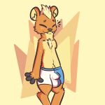  anthro briefs bulge cheek_tuft chest_tuft clothing eyes_closed facial_tuft fur hair hi_res male mammal moschid orange_body orange_fur simple_background smile solo tan_background tan_body tan_fur tan_hair the_xing1 tuft tusks underwear 