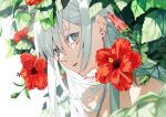  1girl earrings flower green_eyes hibiscus highres jewelry looking_at_viewer multiple_earrings nature nude original parted_lips plant portrait signature solo white_hair yagi_(shiro_yagi) 