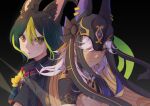  2boys animal_ear_fluff animal_ears artist_name black_background black_hair cyno_(genshin_impact) dark-skinned_male dark_skin english_commentary flower fox_boy fox_ears frown genshin_impact gradient_hair green_eyes green_hair grey_hair headpiece helmet highres jackal_ears looking_at_viewer multicolored_hair multiple_boys red_eyes simple_background tan tighnari_(genshin_impact) yellow_flower yuraikano 