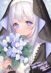  1girl blue_eyes blue_flower bouquet closed_mouth commentary_request copyright_request flower grey_hair habit holding holding_bouquet long_sleeves looking_at_viewer nun sakura_shiho smile solo translation_request upper_body veil virtual_youtuber 