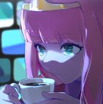  1girl adventure_time camera closed_mouth colored_skin crown cup highres holding holding_cup itsedenfox pink_hair pink_skin princess_bonnibel_bubblegum tea 