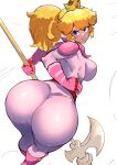  1girl ass ass_focus biker_clothes bikesuit blonde_hair blue_eyes bodysuit boots breasts crown earrings from_above from_behind gloves grin halberd highres huge_ass jewelry large_breasts long_hair looking_at_viewer looking_back mario_(series) nuezou parted_lips polearm ponytail princess_peach sideboob skin_tight smile solo the_super_mario_bros._movie weapon 