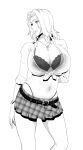  1girl belt belt_buckle bleach bra bracelet breasts buckle cleavage greyscale highres huge_breasts iwao178 jewelry matsumoto_rangiku miniskirt monochrome navel necklace panty_straps pleated_skirt shirt skirt solo thighs tied_shirt underwear white_background 