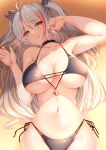  1girl :q absurdres alternate_color azur_lane bare_arms bare_shoulders bikini black_bikini black_choker black_ribbon breasts choker closed_mouth collarbone commentary_request grey_hair hair_between_eyes hair_ribbon hands_up highres large_breasts long_hair lying moyoron multicolored_hair navel official_alternate_costume on_back parted_bangs prinz_eugen_(azur_lane) prinz_eugen_(unfading_smile)_(azur_lane) red_hair ribbon side-tie_bikini_bottom smile solo streaked_hair swimsuit tongue tongue_out two_side_up very_long_hair wet yellow_eyes 