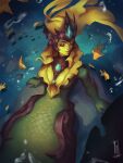  1girl animal artist_name blonde_hair breasts closed_eyes closed_mouth colored_skin ditahsdoh facing_to_the_side fish from_above gem green_skin helmet highres large_breasts league_of_legends mermaid monster_girl nami_(league_of_legends) shiny_skin sitting solo water yellow_skin 