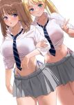  2girls :3 black_necktie blonde_hair blue_eyes blue_panties blush brown_hair closed_mouth collared_shirt commentary_request grey_skirt kaisen_chuui looking_at_viewer multiple_girls navel necktie original panties pink_panties shirt short_hair side-tie_panties simple_background skirt smile striped_necktie thighs twintails underwear v white_background white_shirt 