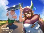  1boy 1girl absurdres aircraft airplane blue_sky bouncing_breasts breasts brown_hair cleft_chin cloud collared_shirt colored_tongue commission day family_guy fat fat_man glasses green_eyes green_pants green_tongue highres huge_breasts kowai_(iamkowai) open_mouth original outdoors pants peter_griffin pointy_ears round_eyewear running shirt short_hair skirt sky tail white_shirt white_skirt 