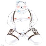 anthro balls belly blush caged canid canine canis chastity_cage chastity_device fur genitals hi_res kneeling lifewonders live_a_hero male mammal moobs navel nipples overweight solo thigh_strap toyaaaa_chub white_body white_fur wolf yohack 