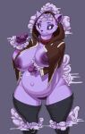  anthro areola belly big_areola big_breasts big_nipples breasts clothed clothing felid feline female fur hi_res huge_areola huge_breasts huge_nipples mammal navel nipples pata pregnant purple_body purple_fur smile solo 