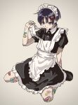  1boy androgynous apron bandaid bandaid_on_arm bandaid_on_knee bandaid_on_leg black_footwear black_skirt blush closed_mouth crossdressing full_body genshin_impact grey_background highres looking_at_viewer maid maid_apron maid_headdress male_focus non_o44 purple_eyes purple_hair scaramouche_(genshin_impact) short_hair sitting skirt solo wariza 