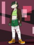  abstract_background anthro bottomwear bottomwear_down boxer_briefs bulge canid canine canis clothed clothing crop_top footwear fuze hi_res jacket link_(wolf_form) male mammal midriff nintendo pants pants_down partially_clothed shirt shoes solo the_legend_of_zelda topwear underwear wolf 