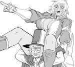  1boy 1girl absurdres bb_(baalbuddy) blazblue breasts bullet_(blazblue) carl_clover cleavage clenched_teeth gauntlets glasses greyscale hat highres kneehighs large_breasts monochrome open_mouth plunging_neckline pointing scar scar_on_face short_hair simple_background sitting sitting_on_person sitting_on_shoulder socks tan teeth thighs top_hat trembling white_background 