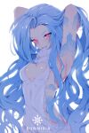  arm_tattoo armpits arms_behind_head artist_name blue_hair breasts cleavage cleavage_cutout clothing_cutout cloud_tattoo glowing glowing_eyes jinx_(league_of_legends) league_of_legends long_hair looking_at_viewer meme_attire pink_eyes ririsaurus shiny_skin simple_background small_breasts smile solo stomach_tattoo sweater tattoo teeth turtleneck turtleneck_sweater upper_teeth_only very_long_hair virgin_killer_sweater white_background white_sweater 