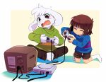  1boy 1other asriel_dreemurr bano_akira blue_sweater blush brown_pants brown_shorts fang frisk_(undertale) game_console green_sweater no_shoes open_mouth pants playing_games playstation_1 playstation_controller shorts simple_background sitting socks striped striped_sweater sweat sweater television undertale white_background white_socks 