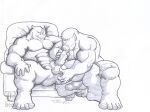  2007 abs anal anal_fingering anthro beruang bodily_fluids bruno_rhynox drooling duo fellatio fingering furniture greyscale humanoid male male/male mammal monochrome muscular muscular_anthro muscular_male nipples oral orc pecs penile rhinoceros saliva sex signature sofa trassk 