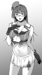  1girl beret breasts choukai_(kancolle) choukai_kai_ni_(kancolle) glasses gloves greyscale hat highres kantai_collection large_breasts long_hair midriff mini_hat monochrome navel pleated_skirt rimless_eyewear shingyou_(alexander-13) shirt skirt sleeveless sleeveless_shirt solo 