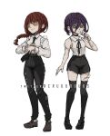  2girls bare_shoulders black_necktie black_pants black_ribbon black_skirt button_eyes chainsaw_man choker collared_shirt criis-chan crossover flower full_body grey_shirt hair_between_eyes hands_up holding holding_flower identity_v makima_(chainsaw_man) miniskirt multiple_girls neck_ribbon necktie pants red_hair reze_(chainsaw_man) ribbon shirt shirt_tucked_in skirt standing white_flower 