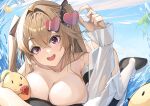  anchorage_(azur_lane) anchorage_(dolphins_and_swim_lessons)_(azur_lane) azur_lane blue_sky breasts brown_hair collarbone gem_(azur_lane) hair_between_eyes hair_intakes hair_ribbon heart heart-shaped_eyewear highres inflatable_orca inflatable_toy jacket large_breasts long_hair looking_at_viewer manjuu_(azur_lane) official_alternate_costume open_mouth outdoors pink_eyes ribbon rubber_duck see-through see-through_jacket sky smile soranoki swimsuit teeth thighhighs twintails upper_teeth_only water white_thighhighs 