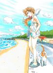  1girl animal aqua_bikini artist_name beach bikini cat cloud cloudy_sky day floating_hair hair_ornament hands_in_pockets highres hood hooded_jacket jacket long_hair looking_to_the_side original outdoors parted_lips red_hair road sand sandals sky sleeveless sleeveless_jacket solo street swimsuit swimsuit_under_clothes tekutekuman tree water white_jacket 