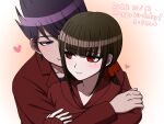  1boy 1girl alternate_costume blunt_bangs brown_hair collarbone danganronpa_(series) danganronpa_v3:_killing_harmony dated hair_ornament hair_scrunchie happy_birthday harukawa_maki heart hetero highres hood hood_down hoodie hug hug_from_behind long_hair looking_at_another mole mole_under_eye momota_kaito purple_hair red_hoodie red_scrunchie red_shirt scrunchie shirt sleeves_past_wrists smile spiked_hair suiren_yurei white_background 