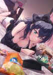  1girl bag_of_chips bare_shoulders black_bow black_hair black_hairband black_jacket bow breasts cleavage closed_mouth crossed_ankles dutch_angle feet_up food frills green_eyes hair_between_eyes hair_bow hairband head_rest highres holding holding_food holding_pocky indoors jacket jewelry kenzen_kanojo_uruka-chan large_breasts long_hair long_sleeves looking_at_object lying multicolored_hair necklace no_shoes off_shoulder on_bed on_stomach original pendant pocky shamakho single_thighhigh smile soles solo spaghetti_strap streaked_hair stuffed_animal stuffed_toy tablet_pc teddy_bear thighhighs uruka_(kenzen_kanojo_uruka-chan) 