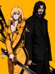  1boy 1girl absurdres beard beatrix_kiddo black_eyes black_hair black_panther black_shirt black_suit blonde_hair blue_eyes collared_shirt commentary crossover facial_hair highres holding holding_knife holding_sword holding_weapon jacket john_wick john_wick_(character) katana kekel kill_bill knife long_hair looking_at_viewer mustache pants shirt simple_background sparkle suit sword weapon yellow_background yellow_jacket yellow_pants 