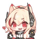  1girl :d animal_ears black_jacket blonde_hair blush_stickers chibi cui_pi_zha_xia_qiu girls&#039;_frontline hair_between_eyes hand_up heart high_collar jacket kemonomimi_mode long_hair long_sleeves looking_at_viewer m4_sopmod_ii_(girls&#039;_frontline) multicolored_hair red_eyes red_hair sample_watermark short_eyebrows simple_background sleeves_past_wrists smile solo streaked_hair thick_eyebrows upper_body white_background 