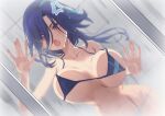  1girl against_glass anger_vein angry bikini blue_bikini blue_hair blurry breast_press breasts breasts_on_glass clorinde_(genshin_impact) collarbone covered_nipples dark_blue_hair depth_of_field dutch_angle genshin_impact hair_between_eyes highres indoors kangbus large_breasts long_hair looking_at_viewer multicolored_hair navel open_mouth purple_eyes shouting shower_(place) solo streaked_hair string_bikini swimsuit tile_wall tiles unaligned_breasts wet 