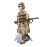  1girl absurdres ammunition_pouch belt boots brown_hair coat collar_tabs full_body gloves gun gun_sling hat highres holding holding_gun holding_weapon long_sleeves military military_coat military_hat military_uniform original ostwindprojekt pants pouch red_star rifle russia short_hair simple_background snow soldier solo soviet soviet_army star_(symbol) uniform weapon white_background world_war_ii 