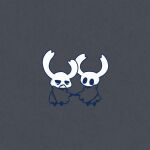  1boy 1other arthropod_boy bags_under_eyes black_background blank_eyes blush blush_stickers cloak closed_mouth commentary full_body half-closed_eyes handshake hollow_knight jitome knight_(hollow_knight) monochrome sakana_2-gou simple_background standing zote 