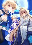  3girls archetype_earth arcueid_brunestud bare_shoulders black_gloves blonde_hair blue_gloves blue_skirt blush breasts brown_pantyhose cleavage closed_mouth detached_collar detached_sleeves dress fate/grand_order fate_(series) flower fukiya_(fumiakitoyama) full_moon gloves hair_flower hair_ornament highres large_breasts layered_skirt long_hair long_skirt looking_at_viewer moon multicolored_clothes multicolored_skirt multiple_girls multiple_persona night night_sky pantyhose red_eyes short_hair skirt sky smile thighs tsukihime very_long_hair white_dress white_gloves white_skirt 