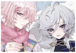  2boys ahoge blue_eyes blush cielomort_(fragaria_memories) closed_mouth fragaria_memories grey_hair highres long_hair looking_at_viewer male_focus multicolored_eyes multiple_boys open_mouth pink_eyes pink_hair pink_scarf purple_eyes scarf smile willmesh_(fragaria_memories) yukimi5daifuku 