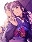  2girls blunt_bangs closed_mouth dual_persona fingernails genshin_impact japanese_clothes kimono long_hair long_sleeves looking_back multiple_girls parted_lips purple_eyes purple_hair purple_kimono raiden_shogun shinoo0915 sidelocks simple_background smile upper_body white_background 