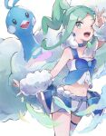  1girl ;d altaria anzu_(v0_0v_o0) arm_up arm_warmers blush choker commentary_request earrings eyelashes green_eyes green_hair hair_ornament jewelry lisia_(pokemon) navel one_eye_closed open_mouth pokemon pokemon_(creature) pokemon_(game) pokemon_oras shorts shorts_under_skirt single_thighhigh skirt smile teeth thighhighs tongue upper_teeth_only vest w white_background 