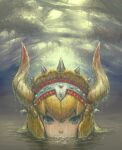  1girl air_bubble apocalypse_now blonde_hair blue_eyes branch bubble dappled_sunlight diablos_(armor) fake_horns helmet horned_helmet horns long_hair monster_hunter_(series) monster_hunter_3 partially_submerged river roten solo sunlight wet yellow_headwear 