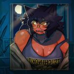  1girl animal_ears black-framed_eyewear black_hair body_freckles breasts cleavage dark-skinned_female dark_skin ezzyecchi freckles full_moon glasses highres large_breasts long_hair messy_hair mirror moon orange_eyes original ringed_eyes round_eyewear sharp_teeth sweat teeth wolf_ears wolf_girl 