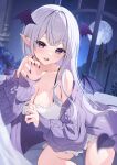  1girl bare_shoulders bat_wings blush breasts cardigan claw_pose cleavage collarbone commentary_request ear_piercing full_moon head_wings highres indie_virtual_youtuber indoors large_breasts long_hair long_sleeves looking_at_viewer moon nekoma_riri night nightgown off_shoulder parted_lips piercing pointy_ears purple_cardigan purple_eyes purple_nails solo spaghetti_strap teeth tyabesu upper_teeth_only virtual_youtuber white_hair white_nightgown wings 