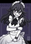  1girl absurdres ahoge alternate_costume apron blush breasts commentary_request glasses hakusai_(user_nkkd7242) hand_on_own_arm hex_maniac_(pokemon) highres looking_at_viewer maid maid_apron maid_headdress open_mouth pokemon pokemon_(game) pokemon_xy purple_theme smile solo sweat wrist_cuffs 