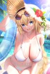  1girl alternate_costume ball beach beachball bikini black_hairband blonde_hair blue_eyes blue_innertube blue_sky blush braid braided_ponytail breasts cleavage cloud commentary day eyewear_on_head fate/grand_order fate_(series) hairband hat highres holding holding_innertube innertube jeanne_d&#039;arc_(fate) large_breasts long_hair looking_at_viewer mishiro_(ixtlolton) navel open_mouth outdoors sand sky smile solo stomach straw_hat sun_hat sunglasses sunlight swimsuit water wet white_bikini 