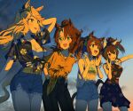  4girls :d absurdres alternate_costume bandeau banpunsik black_dress blonde_hair blue_eyes blue_shirt bow brown_hair commentary_request cowboy_shot cutoffs daitaku_helios_(umamusume) denim denim_shorts dress floral_print gold_city_(umamusume) green_eyes hair_bow highres mejiro_palmer_(umamusume) multiple_girls night night_sky open_mouth orange_shirt outdoors shirt short_shorts shorts sky sleeveless sleeveless_dress smile standing tank_top thighs tied_shirt tosen_jordan_(umamusume) umamusume 