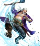  1boy axe bandana beard brown_footwear coat facial_hair fargus_(fire_emblem) fire_emblem fire_emblem:_the_blazing_blade fire_emblem_heroes highres holding holding_axe no_shirt non-web_source official_art old old_man purple_coat solo water 