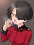  1girl black_hair blush breasts earrings fellatio_gesture girls_und_panzer green_eyes hair_over_one_eye highres jewelry kuzuryuu_kennosuke large_breasts looking_at_viewer military_uniform open_mouth piercing saliva short_hair solo st._gloriana&#039;s_military_uniform tongue tongue_out tongue_piercing uniform upper_body 