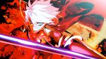  1boy armor bishounen blue_eyes collar colored_skin dynamic_pose eyeshadow fate/grand_order fate_(series) gold_armor highres karna_(fate) makeup male_focus official_art pako_(pakosun) pale_skin red_eyeshadow spiked_collar spikes white_hair white_skin 