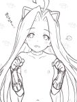  1girl ahoge bridal_gauntlets collar collarbone granblue_fantasy hands_up kemonomimi_mode lyria_(granblue_fantasy) monochrome nipples nude parted_bangs paw_print paw_print_background solo spoken_blush upper_body 